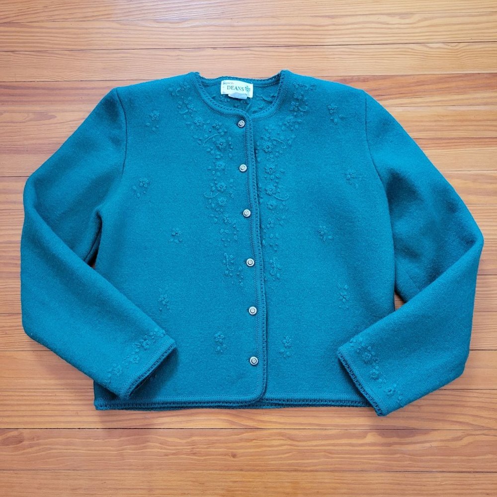 Deans M Green Floral Embroidered Wool Sweater Cardigan Jacket‎
